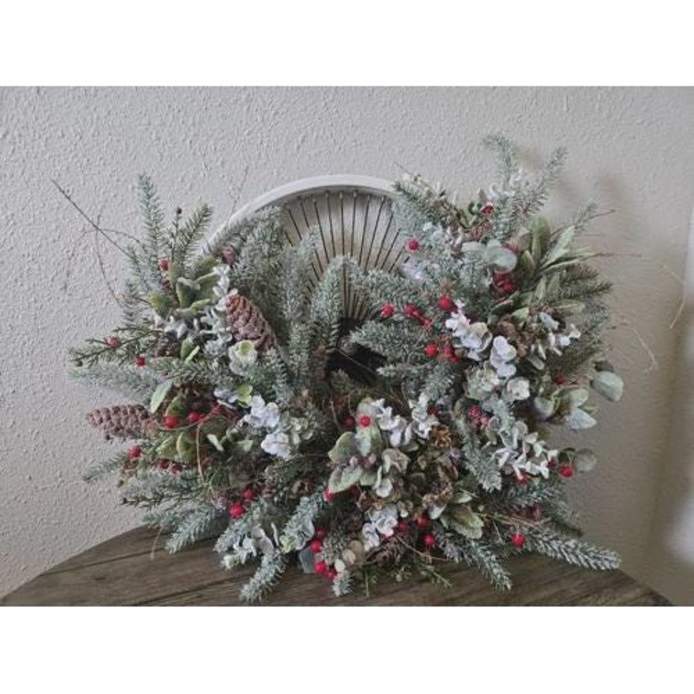 Vintage Bicycle Wheel Christmas Wreath Door Hanger Frosted Glitter Greenery
